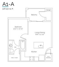 A floor plan of a one bedroom apartment with a living room, kitchen, bathroom, and balcony.