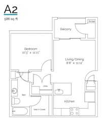 A floor plan of a 586 square foot apartment with a bedroom, living/dining area, kitchen, bath, and storage.