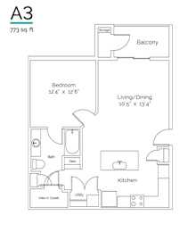 A drawing of a floor plan for a 773 square foot apartment.