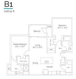 A floor plan of a 1018 square foot home with a master bedroom, living room, dining room, kitchen, and two bathrooms.