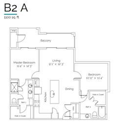 A floor plan of a 1100 square foot home with a balcony, two bathrooms, a kitchen, and two bedrooms.