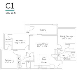 A drawing of a floor plan for a C1 apartment, which is 1284 square feet.