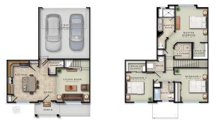 A floor plan of a house with two bedrooms, a living room, a kitchen, a bathroom, a porch, and a walk-in closet.