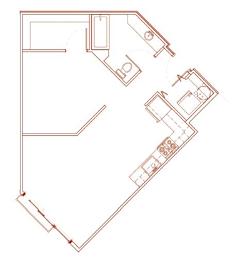 A red outline drawing of a house plan.