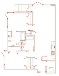 A red line drawing of a floor plan of a house.
