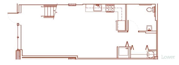 A floor plan of a house with a kitchen, living room, and bathroom.