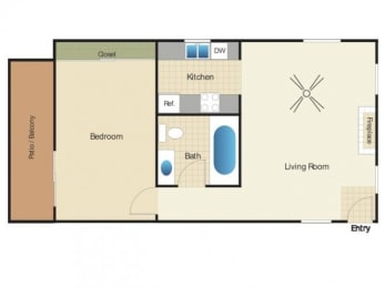 One bedroom one bath apartment floorplan