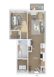 3D floor plan of a 1 bedroom 1 bathroom apartment sized 691 square feet.