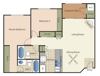 Two bedrooms two bathrooms apartment floorplan