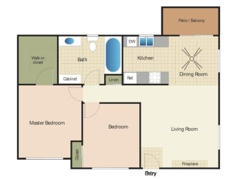 Two bedrooms one bathroom apartment floorplan