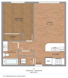 A floor plan of a small apartment with a bedroom, bathroom, kitchen, and closet.