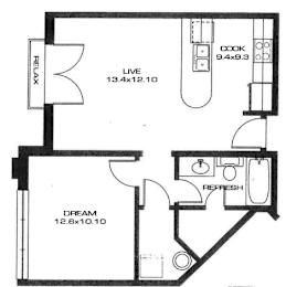 A black and white image of a floor plan for a house with a kitchen, living room, and bathroom.