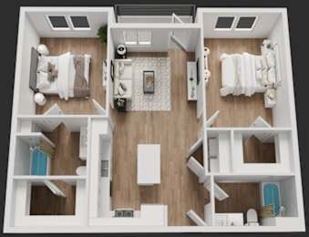 A top-down view of a modern apartment layout with two bedrooms, a living area, and a kitchen at Rock Creek Apartments, Gainesville, Texas, 76240