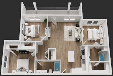 A 3D model of a modern apartment layout  at Rock Creek Apartments, Gainesville, TX