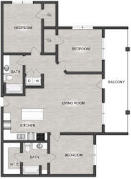 A floor plan of an apartment with two bedrooms, a living room, a kitchen, and a bathroom.