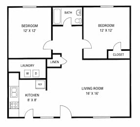 A floor plan of a small apartment with two bedrooms, a living room, a kitchen, a laundry room, and a bathroom.
