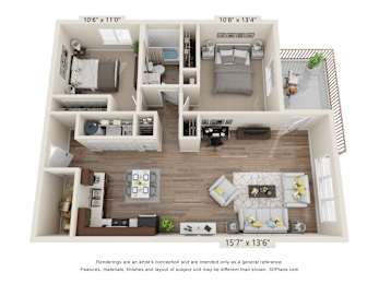 A floor plan of a two-bedroom apartment with a living room, kitchen, and bathroom.