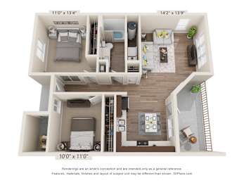 A 10x10 room layout with a kitchen, living room, and two bedrooms.