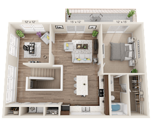 A 3D floor plan of a house showing a living room, kitchen, and bedrooms.