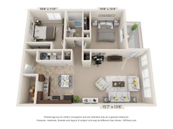 this is a 3d floor plan of a 752 square foot 1 bedroom apartment at the  at Brooklyn West, Missoula, 59808
