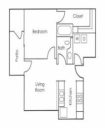 A floor plan of a small apartment with a living room, kitchen, bedroom, bathroom, and closet.