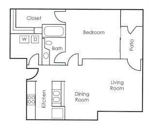 A floor plan of a small apartment with a kitchen, living room, bedroom, and bathroom.
