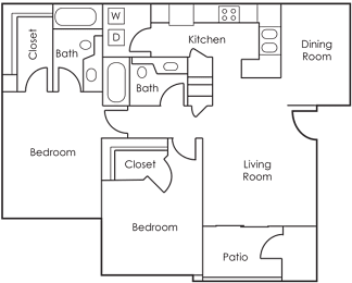 A floor plan of a house with a kitchen, dining room, living room, and two bedrooms.