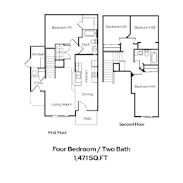 A drawing of a four bedroom house with two bathrooms.