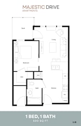A floor plan for a 500 square foot apartment with one bedroom and one bathroom.