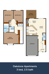 The Burr Oak floor plan with 3-bedroom and 2.5 bathrooms at Oakstone Apartments in Clearview 84015