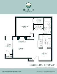 One bedroom one bathroom floorplan with balcony at Edgewater Apartments, Boise, Idaho