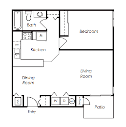 A floor plan of a house with a living room, dining room, kitchen, bedroom, bathroom, and patio.