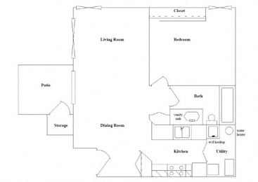 A floor plan of a house with a living room, dining room, kitchen, bath, bedroom, closet, and storage.