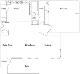A floor plan of a house with a kitchen, living room, dining room, bedrooms, bathroom, utility, water heater, and storage.