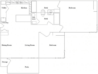 A floor plan of a house with a kitchen, living room, dining room, patio, and two bedrooms.