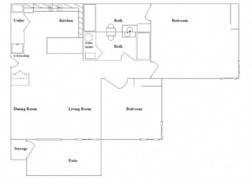 A floor plan of a house with a kitchen, dining room, living room, two bedrooms, a bathroom, a utility room, and storage.
