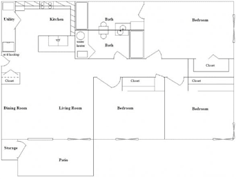 A floor plan of a house with a kitchen, dining room, living room, two bedrooms, a bathroom, a utility area, a storage area, and a parking space.