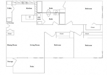 A floor plan of a house with a kitchen, dining room, living room, two bedrooms, a bathroom, a utility room, a storage area, and a patio.