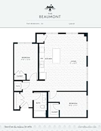 B3 Two Bedroom One Bathroom Floorplan at The Beaumont Apartments, Bozeman, MT