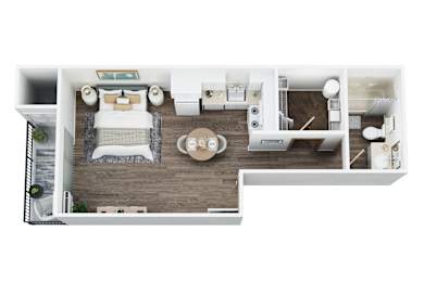 Floor Plan  A top-down view of a bedroom with a bed, nightstand, and a small table with chairs.