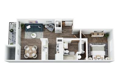 Floor Plan  A top-down view of a house layout with a kitchen, living room, dining area, and bedrooms.