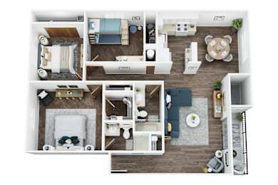 Floor Plan  A top-down view of a well-organized apartment with a kitchen, living room, and bathroom.