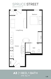 A floor plan for an apartment on Spruce Street shows a living area, a kitchen, a bathroom, and a bedroom.