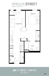 A floor plan for an apartment on Spruce Street shows a bedroom, living/dining area, bathroom, and kitchen.