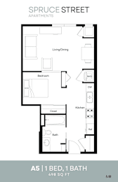 A floor plan for an apartment on Spruce Street shows a living/dining area, a bedroom, a bathroom, a kitchen, and a closet.