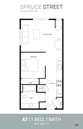 A floor plan for an apartment on Spruce Street shows a single bedroom with one bathroom.