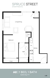A floor plan for an apartment on Spruce Street shows a living/dining area, a bedroom, a kitchen, a bathroom, and a closet.