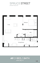 A floor plan for an apartment on Spruce Street shows a bedroom, bathroom, living room, dining/kitchen area, and closet.