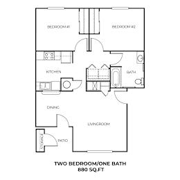 A floor plan of a two bedroom/one bath apartment.