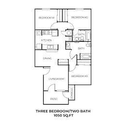 A black and white diagram of a three bedroom/two bath house plan.